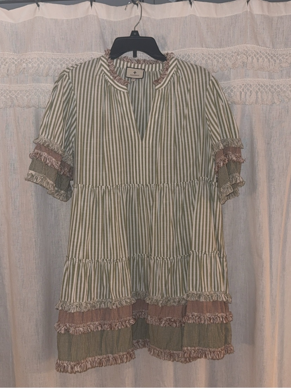 Tuckernuck Olive Green and White Striped Fringe-Trim Dress